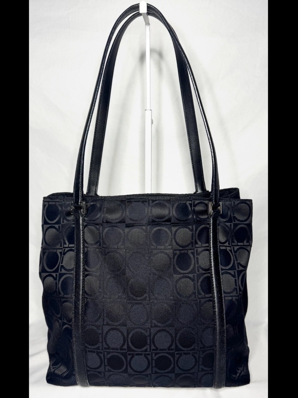 Salvatore Ferragamo shoulder bag black Gancini Pattern Nylon w/ Dust Bag and COA